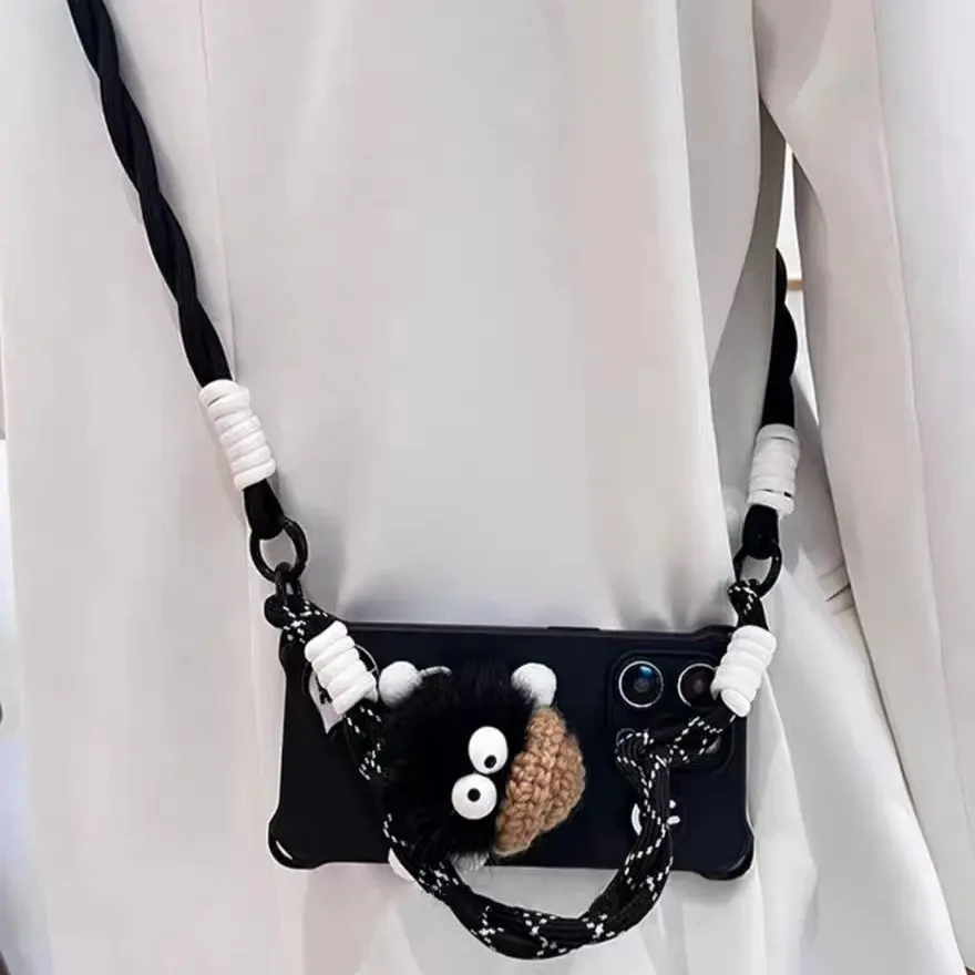 四角挂绳毛绒煤球适用iPhone16手机壳苹果15pro/14斜跨13/12手提