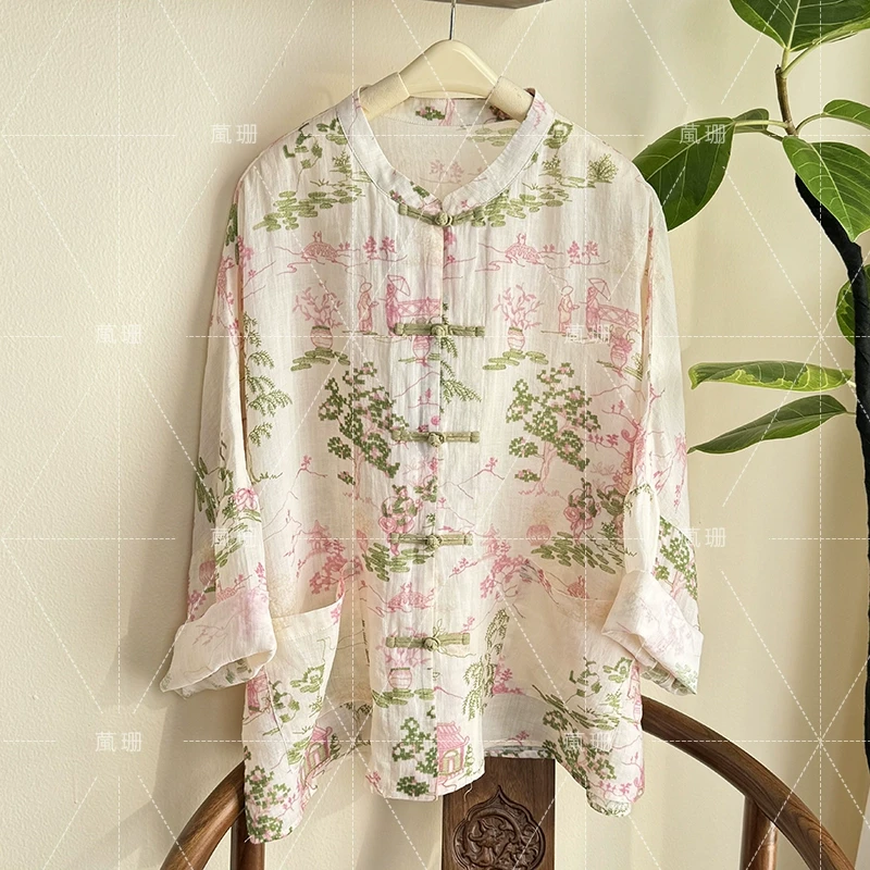 【夏江南】夏季薄款苎麻中国风盘扣印花宽松廓形开衫防晒服52287