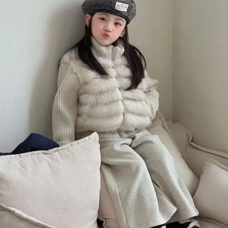 女童冬季皮草夹棉外套加绒休闲裤洋气百搭套装