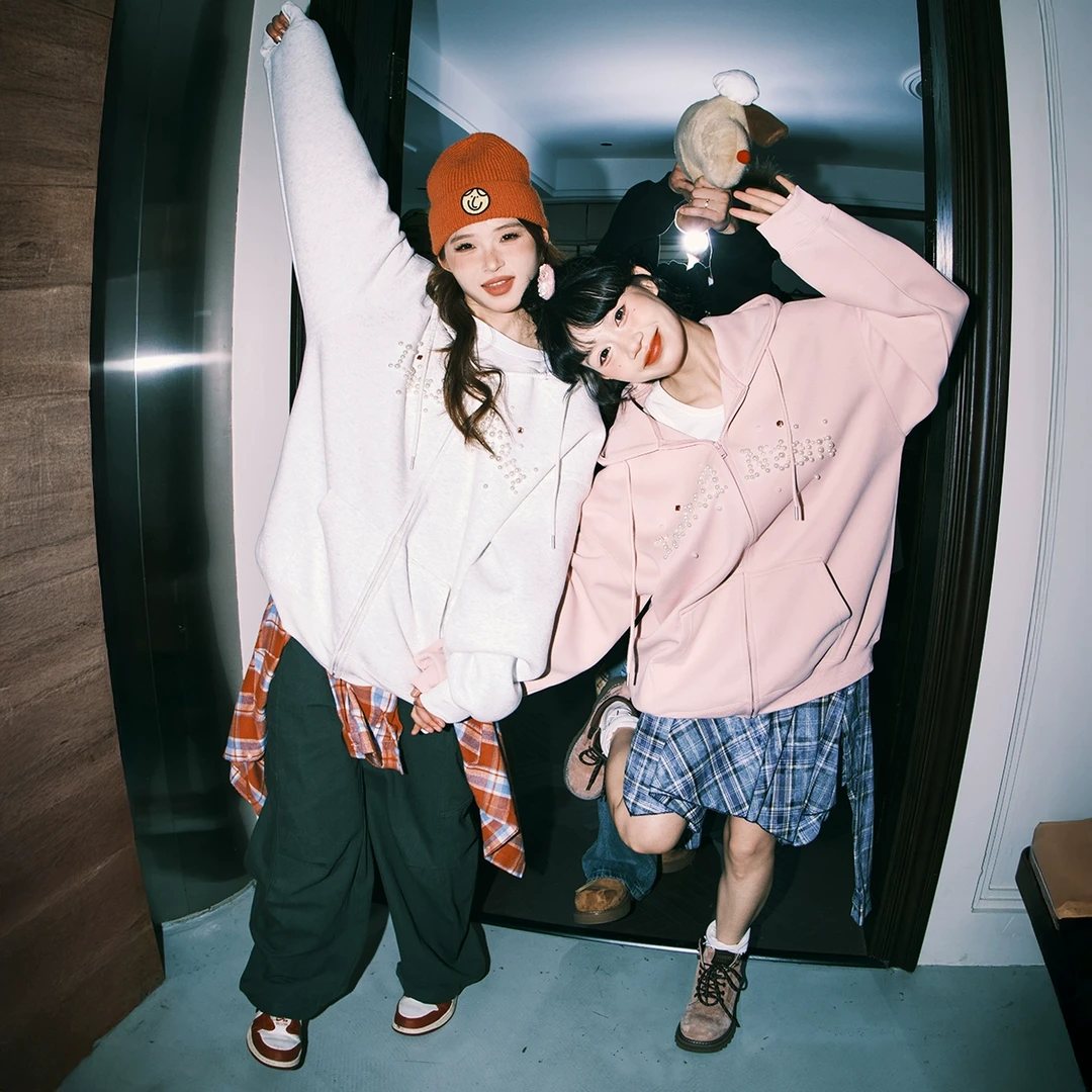 lemanism美式潮流珍珠字母连帽开衫卫衣2025