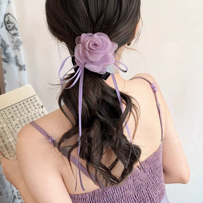 玫瑰甜美汉服飘带少女头花发饰超仙古风花朵绑发圈新中式女