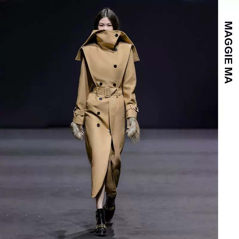 MAGGIE MA马婧设计师款黄棕色复古优雅利落休闲风衣748C