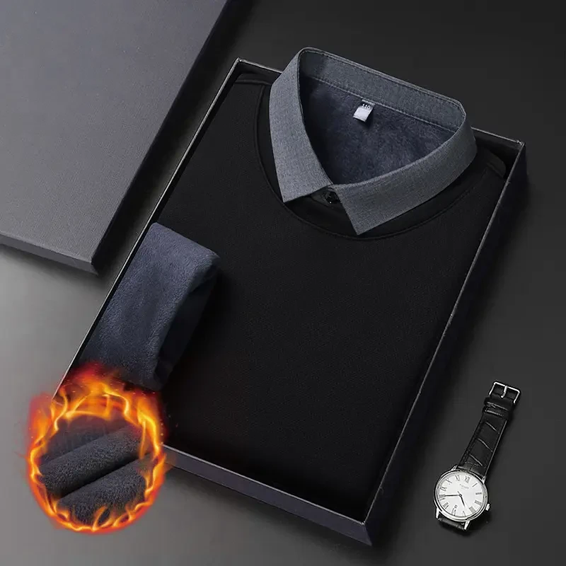 冬季新款男士加绒加厚假两件翻领休闲保暖POLO衫时尚都市中青年