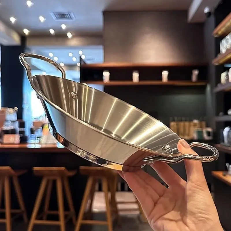 不锈钢海鲜盘双耳小龙虾盘商用金色韩式炸鸡薯条盘意面盘平底干c