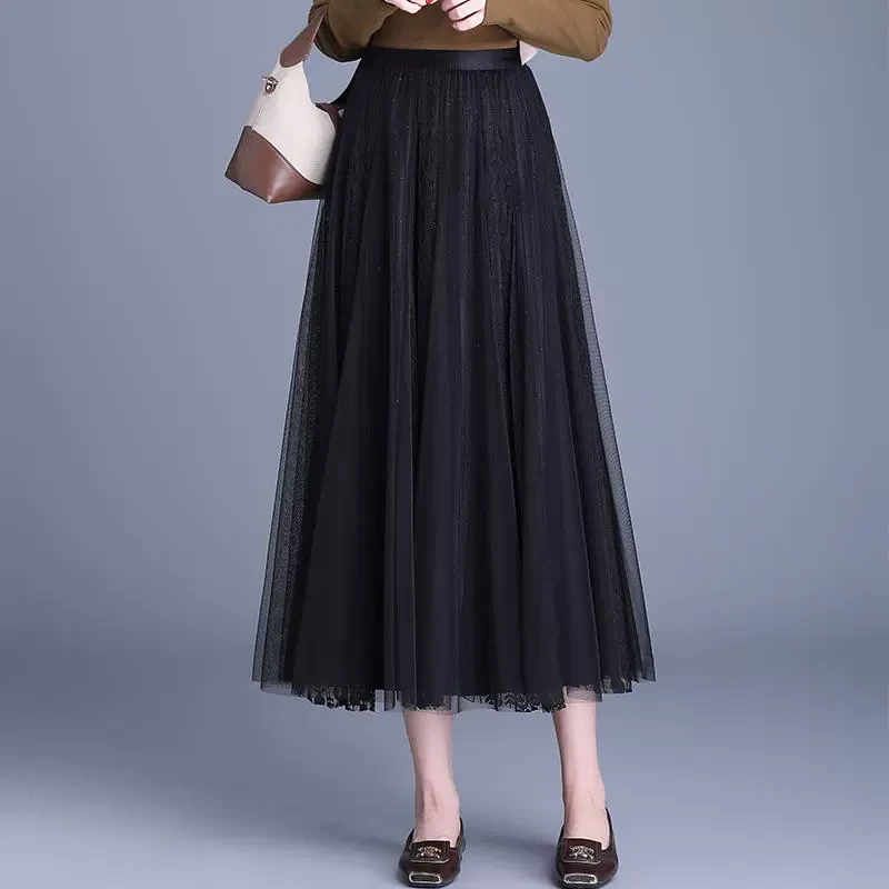 网纱拼接蕾丝半身裙女2025春季新款高腰中长款气质A字大摆长裙子