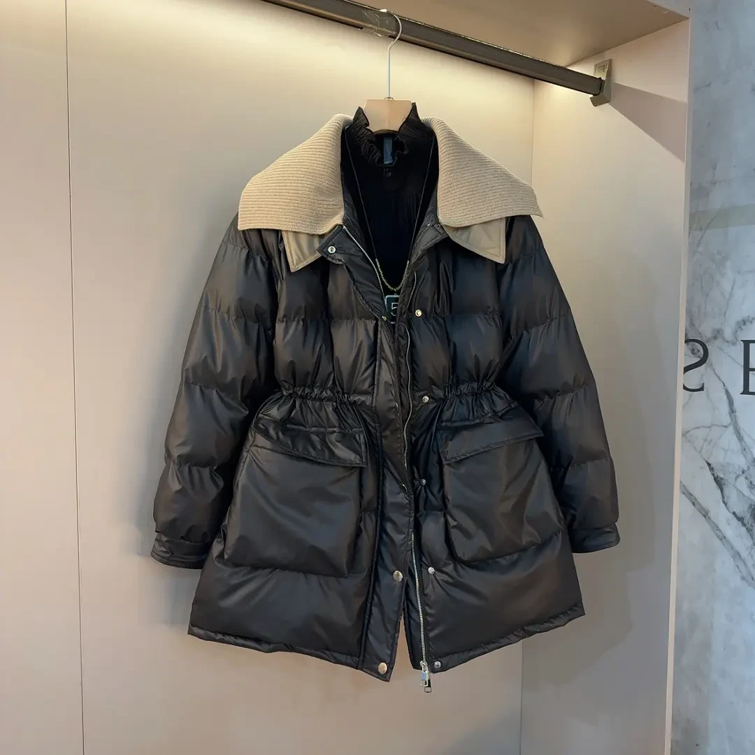 针织拼接娃娃领面包棉服女冬季2025新款中长收腰抽绳保暖宽松外套