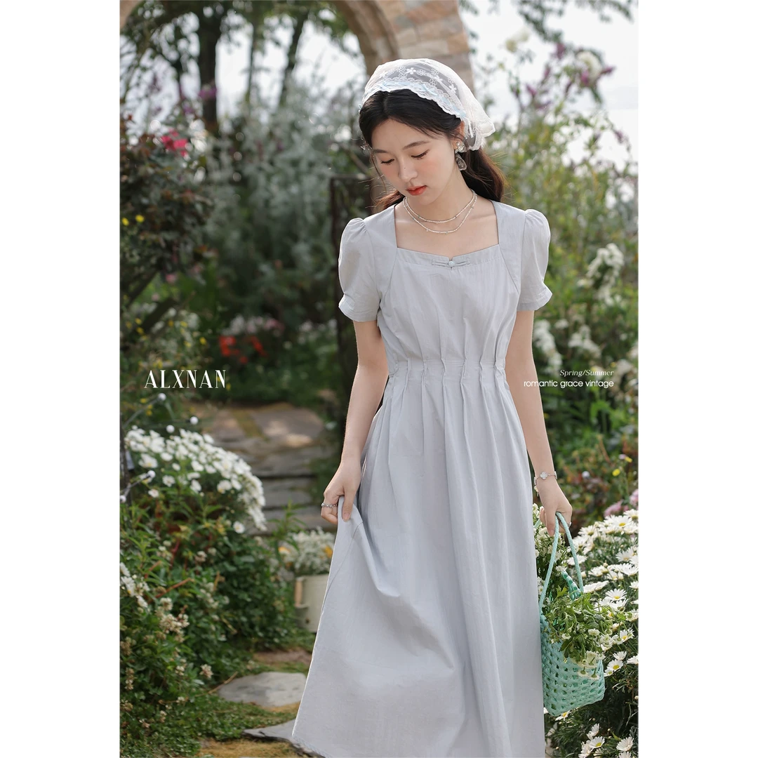 鹿向南「夏风微澜」连衣裙女夏季新款收腰长裙气质茶歇裙DYL661814