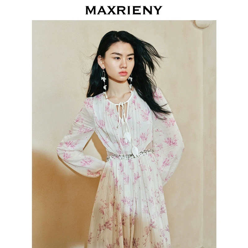 【达人专属】MAXRIENY复古优雅兰花渐变印花连衣裙新