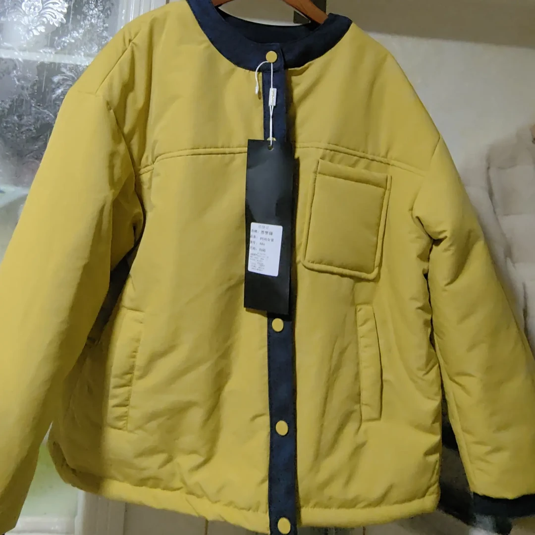 冬季韩版宽松大码牛仔拼接圆领夹棉女外套慵懒松弛风格