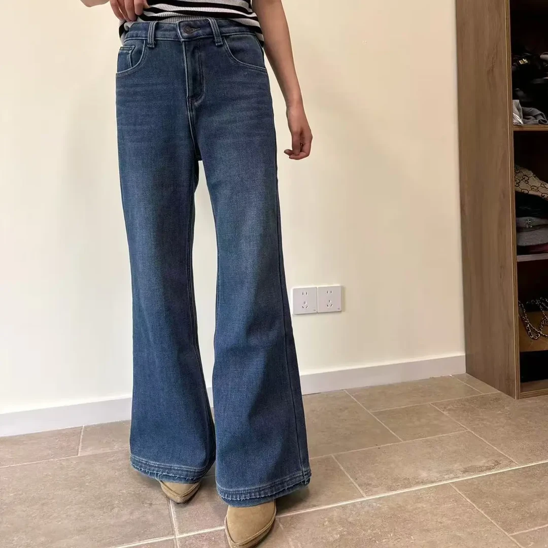 秋季新款高腰加绒微喇牛仔裤女显瘦不贴腿喇叭裤子秋冬百搭