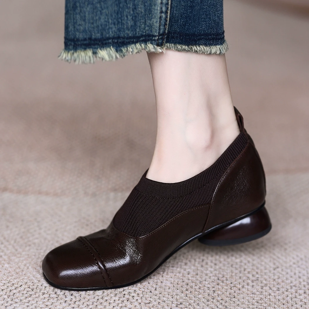 2025新款软羊皮单鞋女通勤百搭方头3cm粗跟毛线口拼接小皮鞋