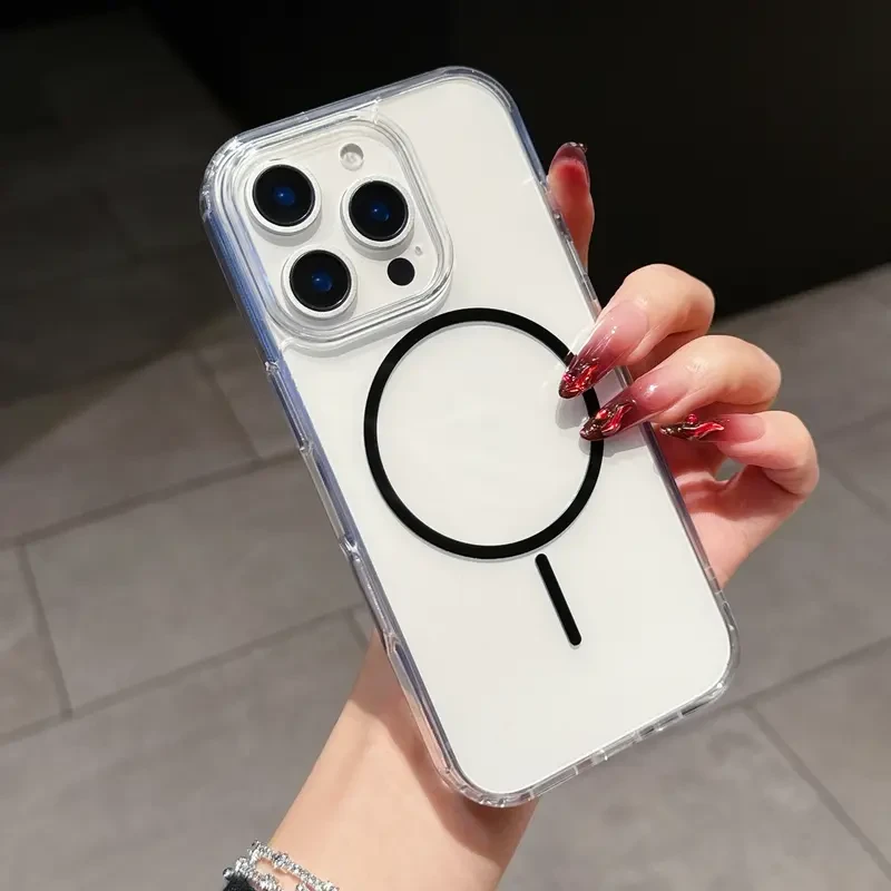 简约透明细圈磁吸适用苹果16promax手机壳iPhone15软边框气囊防摔