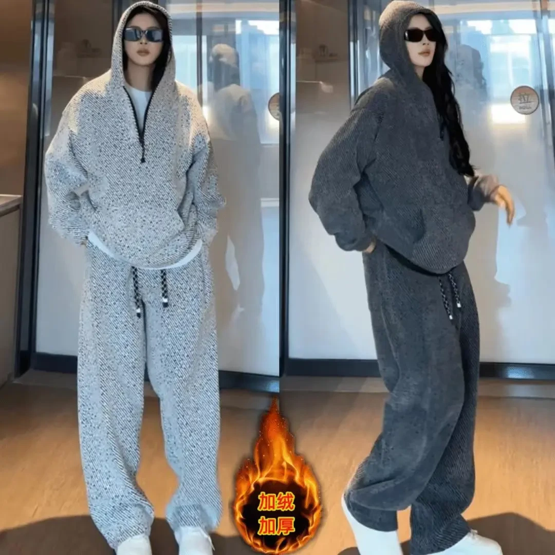 雪尼尔银丝加绒加厚斜条纹休闲裤春秋季宽松简约百搭卫裤男女同款