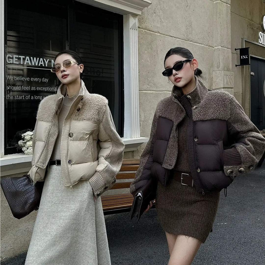 羊羔毛拼接立领韩版短款加厚保暖白鸭绒女冬季新款