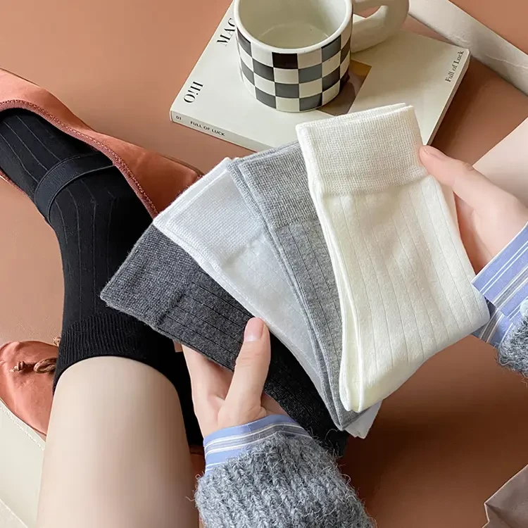 【7双】港风白色春秋季袜子女月子袜中筒袜miu系白色堆堆百搭针织