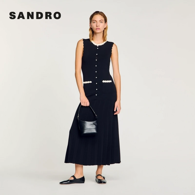 商场同款|SANDRO2025秋季新款女装花边撞色针织连衣裙SFPRO04143