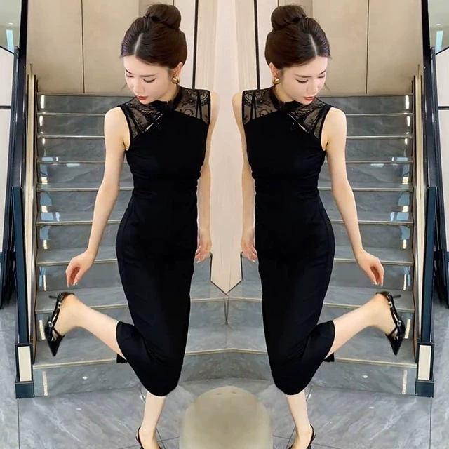 新中式改良版黑色旗袍女夏季新款高级感气质显瘦无袖绝美连衣裙潮