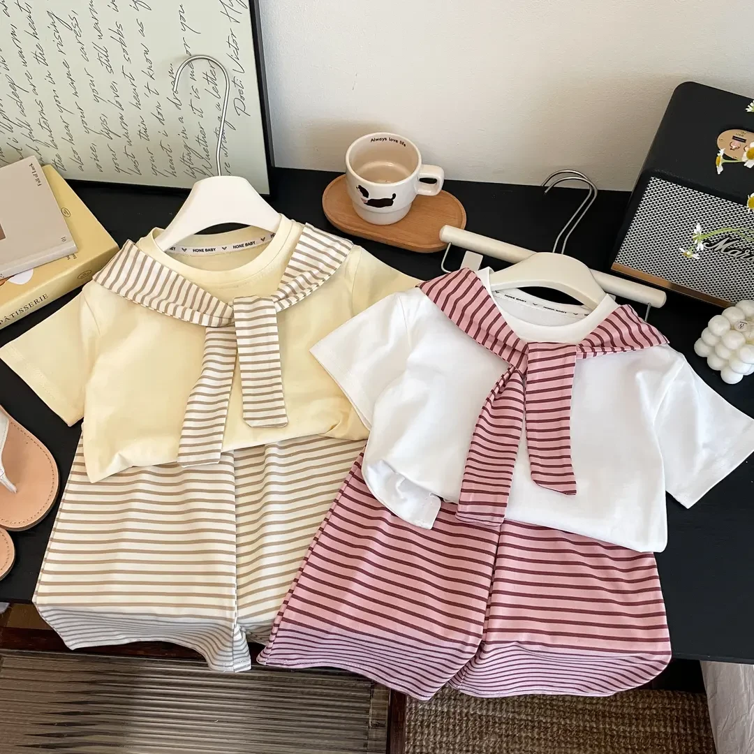 【亲子】女童多巴胺夏季2025新款儿童条纹披肩短袖九分阔腿裤两件套