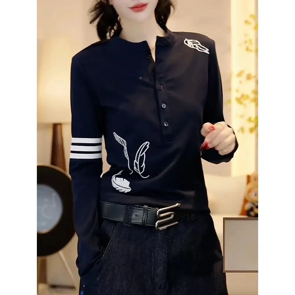 小众设计条纹拼接长袖T恤2025早秋新款气质百搭正肩显瘦印花上衣