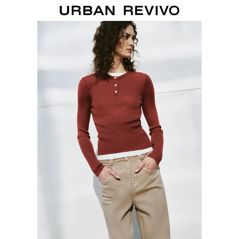 UR2025春季新款女装欧若风撞色拼接假两件设计感针织衫UWM950011