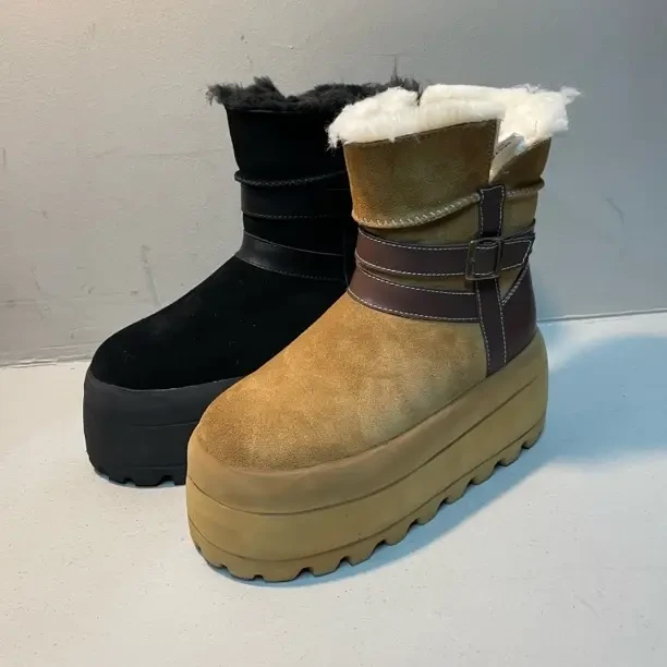 厚底松糕底7cm冬季加绒保暖中筒牛皮防滑休闲雪地靴女靴