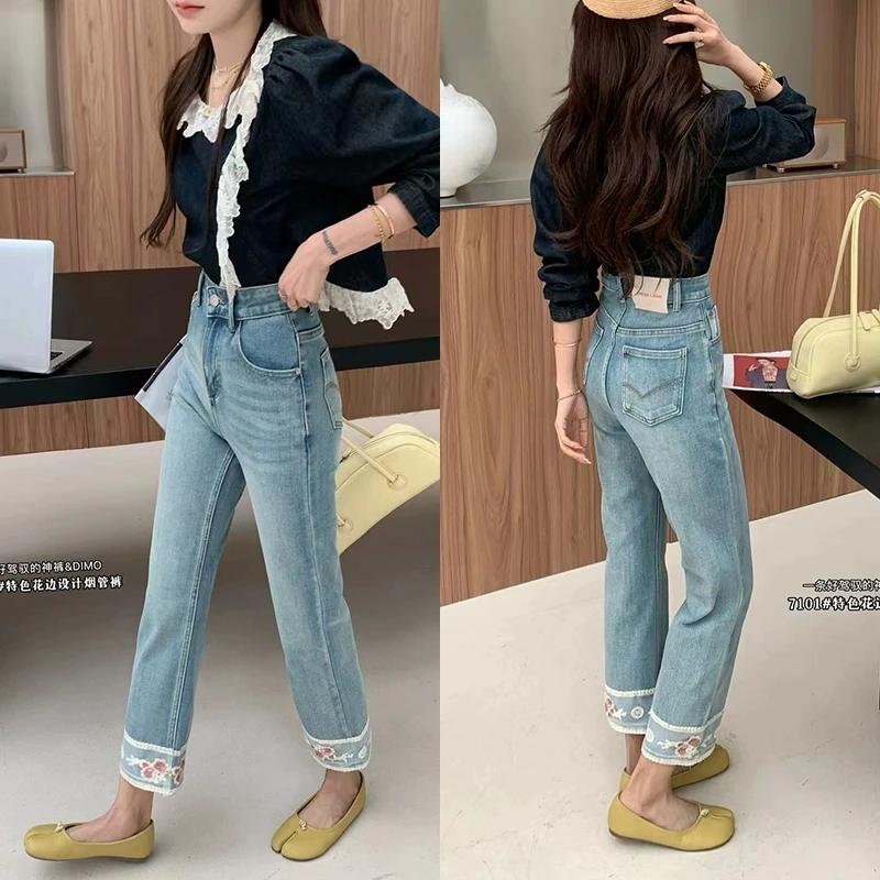DIMO2024春夏新款国风蕾丝拼接直筒牛仔裤女显瘦九分小个子烟管裤