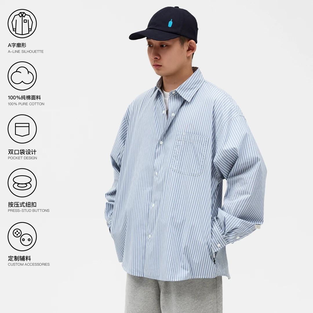 PINSKTBS 25SS春季新款 日系复古休闲宽松蓝白条纹长袖衬衫男