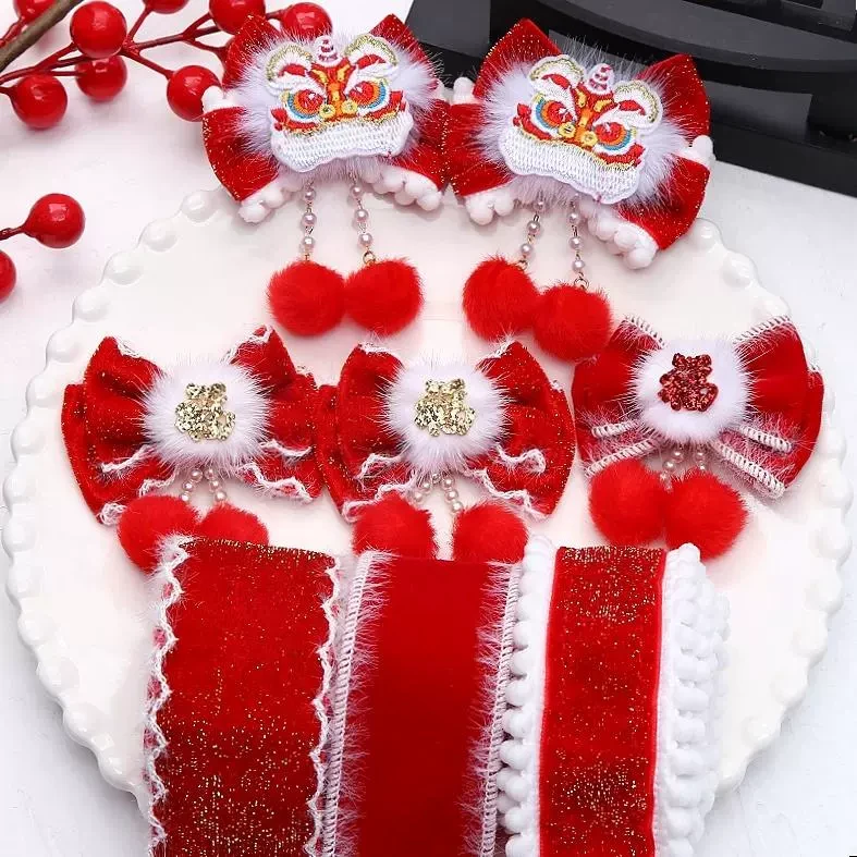 儿童新年头饰材料红色蝴蝶结发饰手工diy发夹丝带布带饰品辅料