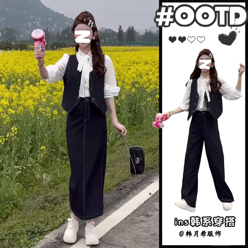 今年流行穿搭一整套2025新款小香风绑带衬衫牛仔夏季韩系衬衫套装