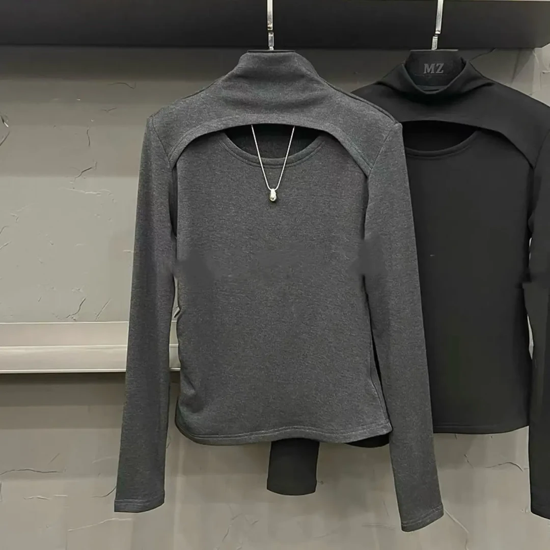 冬季磨毛半高领镂空修身长袖内搭打底衫