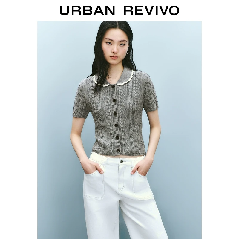 UR2025秋季新款女装格雷系撞色肌理感短袖针织开衫UYU950007
