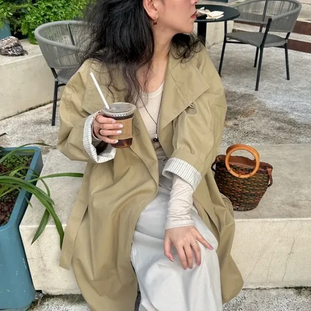 韩系英伦风中长款一粒扣女士秋季风衣外套气质休闲宽松显瘦