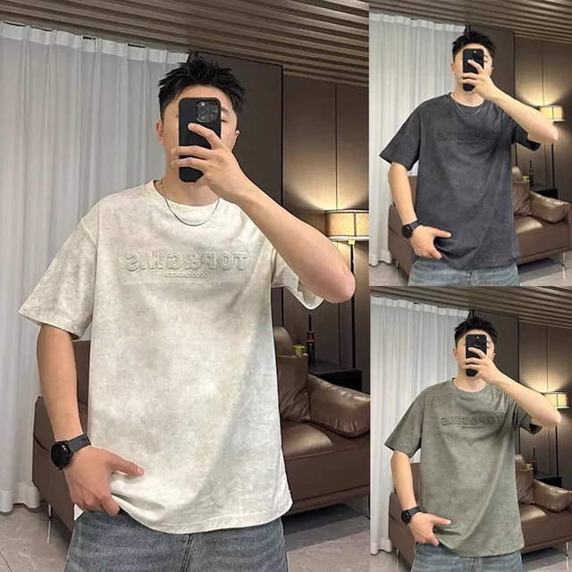 男士夏季潮牌字母钢印上衣T恤网红ins流行插肩短袖晕染五分半袖衫