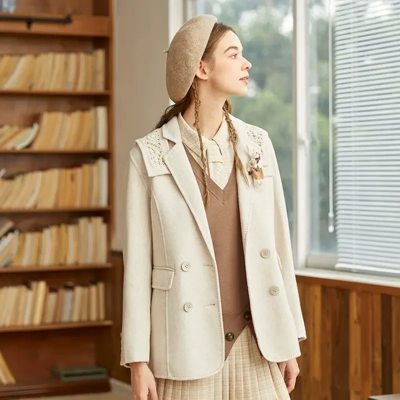 famecoco范可儿双面呢西服女羊毛西装外套可拆卸披肩F228AW003