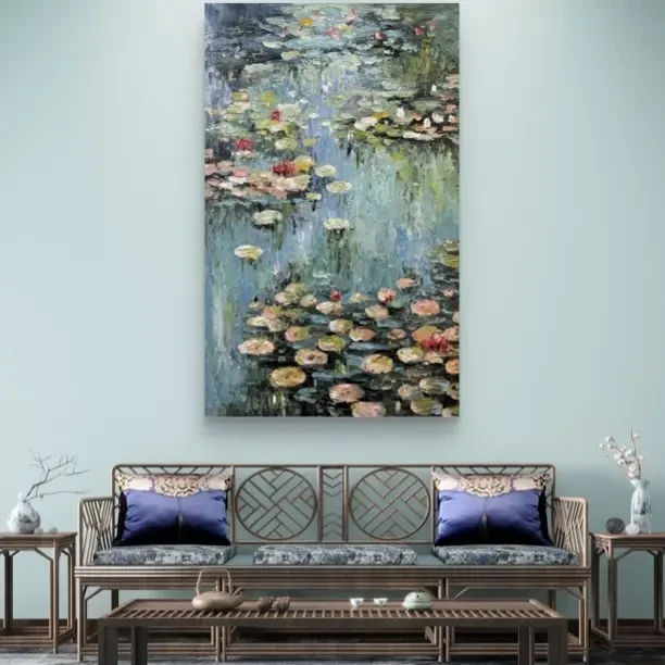 莫奈睡莲手绘油画适合客厅沙发背景墙玄关餐厅卧室悬挂装饰画