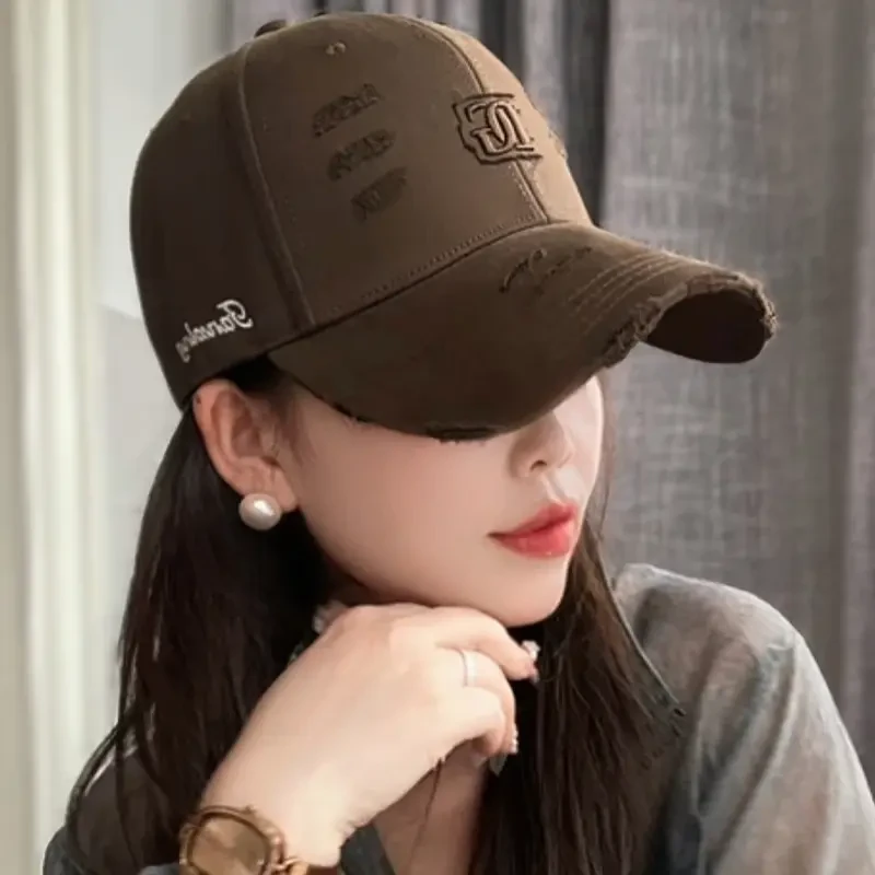 美式复古大围棒球帽子女韩版街刺绣字母破洞户外显脸小帽子休闲女