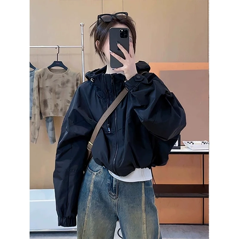 芯娇晴黑色双拉链连帽冲锋衣短外套女2025春秋新款小个子休闲上衣