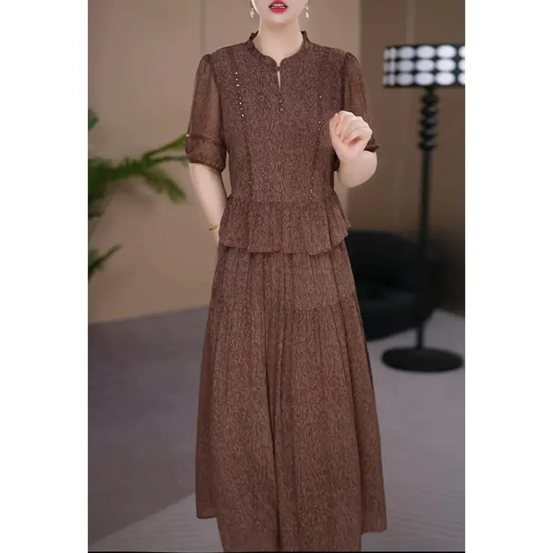 今年流行爆款短袖连衣裙女2025年夏季新款妈妈气质印花假两件裙子