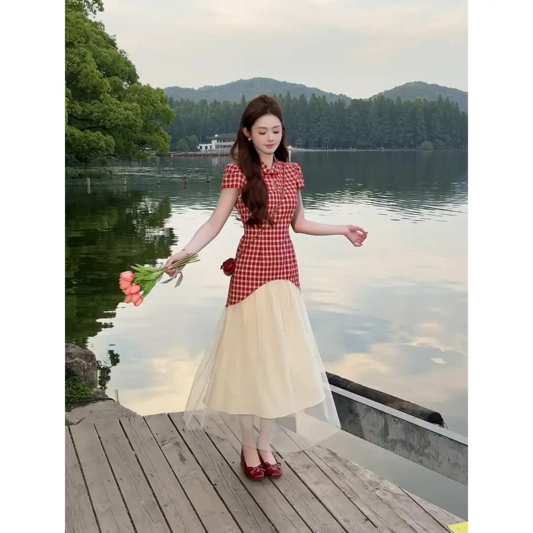 【朱绫】新中式红色日常拼接假两件旗袍长款连衣裙夏季显瘦气质轻奢