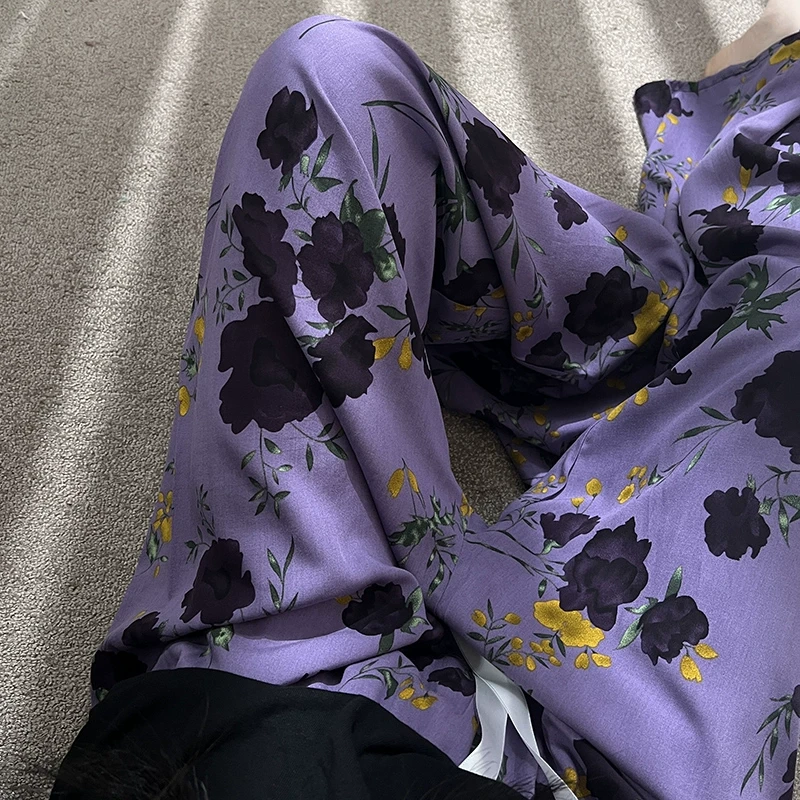 新中式国风睡裤女夏季薄款长裤阔腿裤可外穿宽松遛弯裤紫色睡裤夏