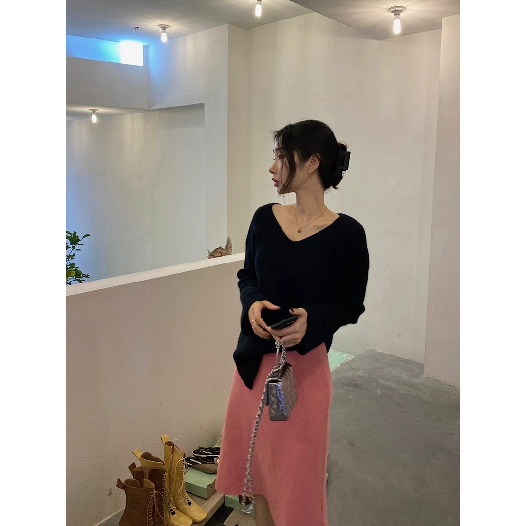 ACHI大也池◆羊绒羊毛粉色v领套头上衣秋长袖针织衫宽松慵懒毛衣