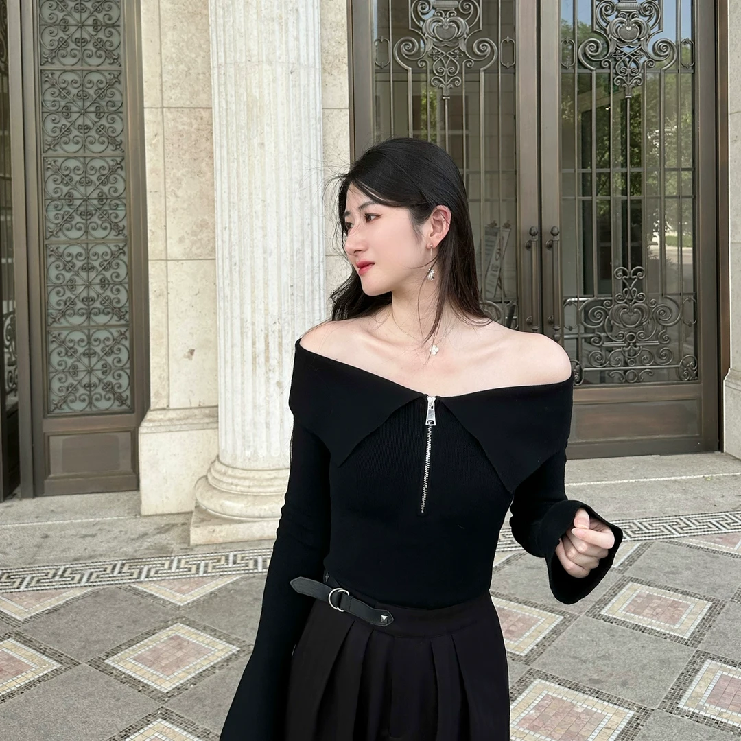 6折 Howalook 清冷灵感  一字肩拉链翻折领针织喇叭袖小心机