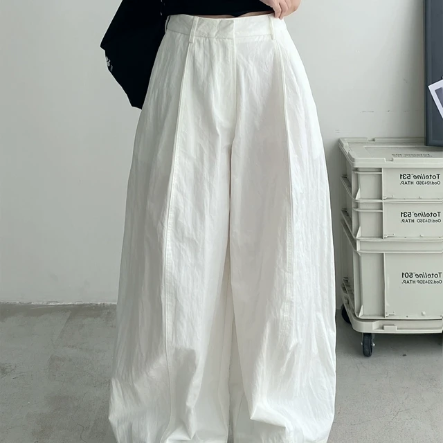 sun柚 春秋白色休闲裤子皱感尼龙棉挺括有型立体廓形阔腿裤杨桃裤