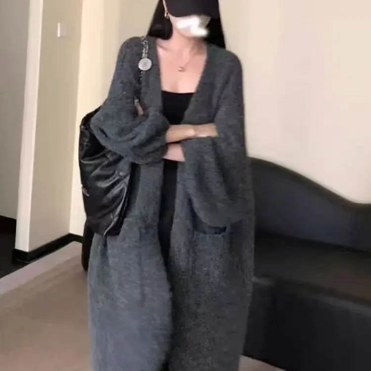 慵懒风泡泡袖中长款针织开衫毛衣女秋冬季加厚软糯高级感外套大衣