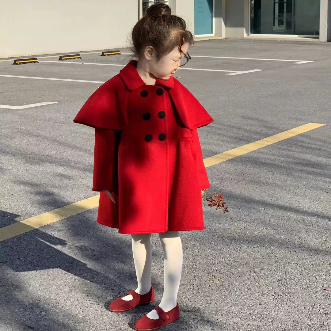 现货童装红色拜年服女童羊绒大衣冬装中长款宝宝新年喜庆毛呢外套
