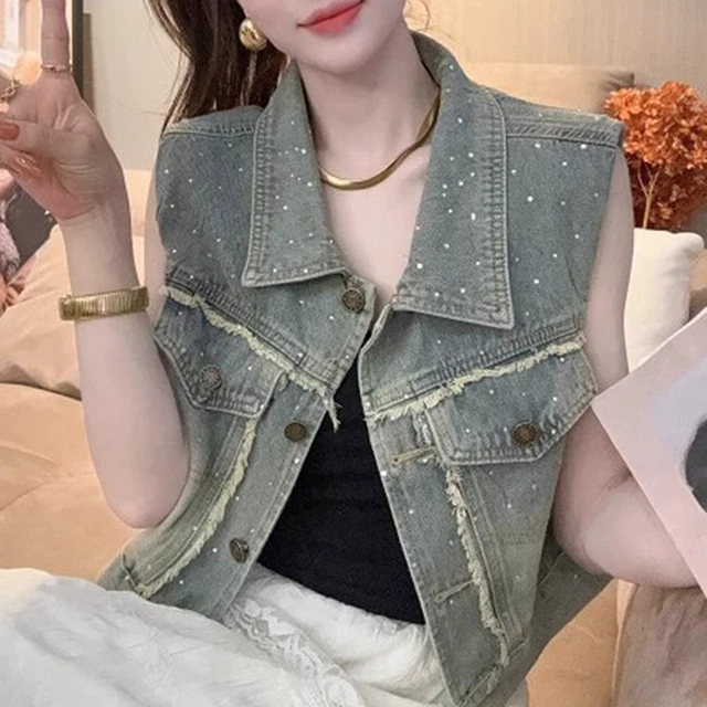 复古港味烫钻牛仔马甲外套女夏季独特超好看短款上衣无袖背心坎肩
