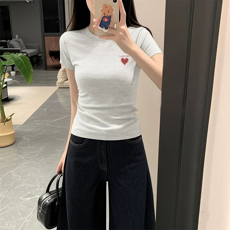 灰色正肩短袖t恤92棉女夏季圆领修身显瘦基础款百搭气质甜美上衣