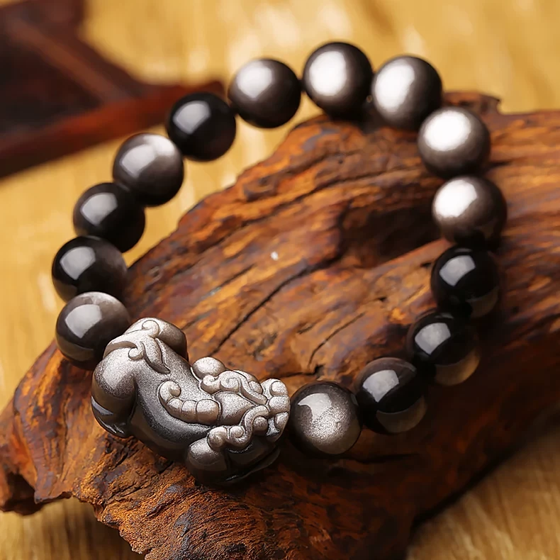天然银曜石貔貅手链男女士皮丘手串黑曜石银耀石单圈饰品礼物