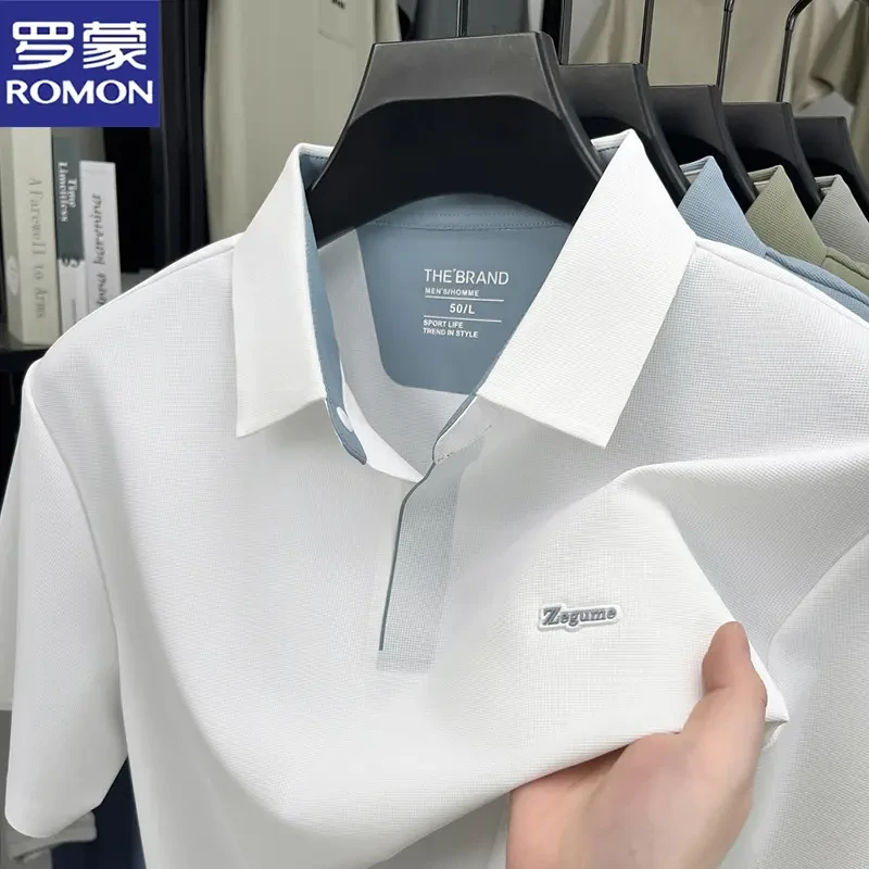 罗蒙夏季男士短袖T恤衫无痕垂感时尚透气宽松百搭休闲翻领POLO衫.