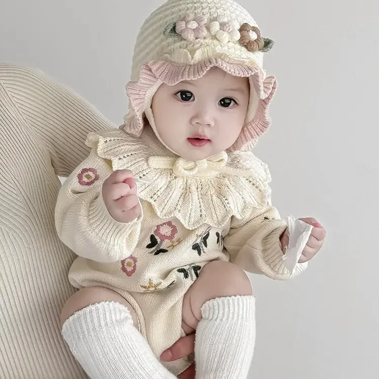 婴儿帽子秋冬款女宝宝公主帽小花洋气可爱女小童针织护耳帽毛线帽